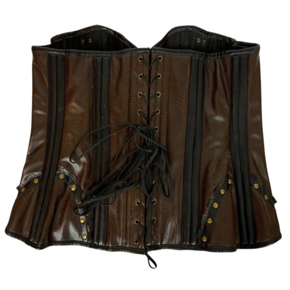 Top Drawer By Daisy Steel Boned Corset with Rivets XXL Black Brown Faux Leather - Picture 2 of 5